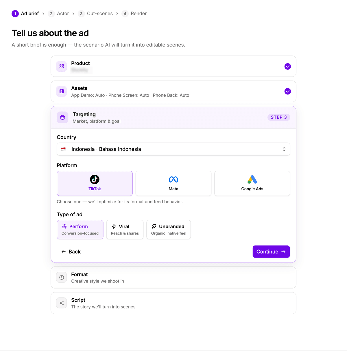 Ad-brief builder: product, assets, and targeting by market, platform, and goal