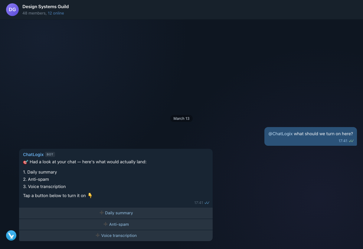 Setup agent recommending features for a chat