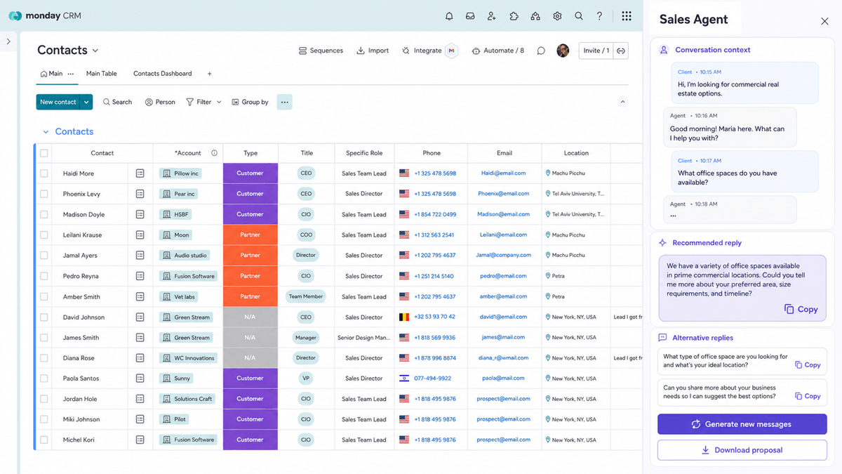 CRM contact board with the Sales Agent panel showing conversation context and a recommended reply