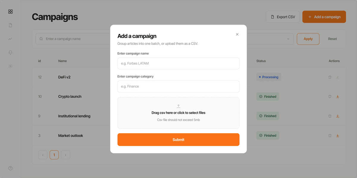 Add-a-campaign modal over the campaigns list