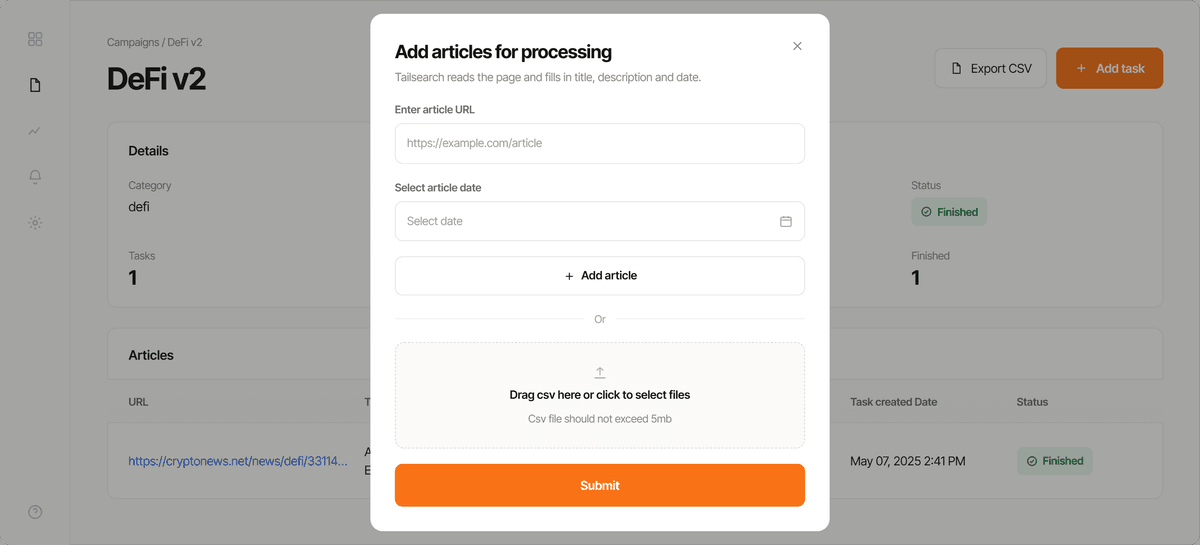 Add-articles-for-processing modal with URL and date fields