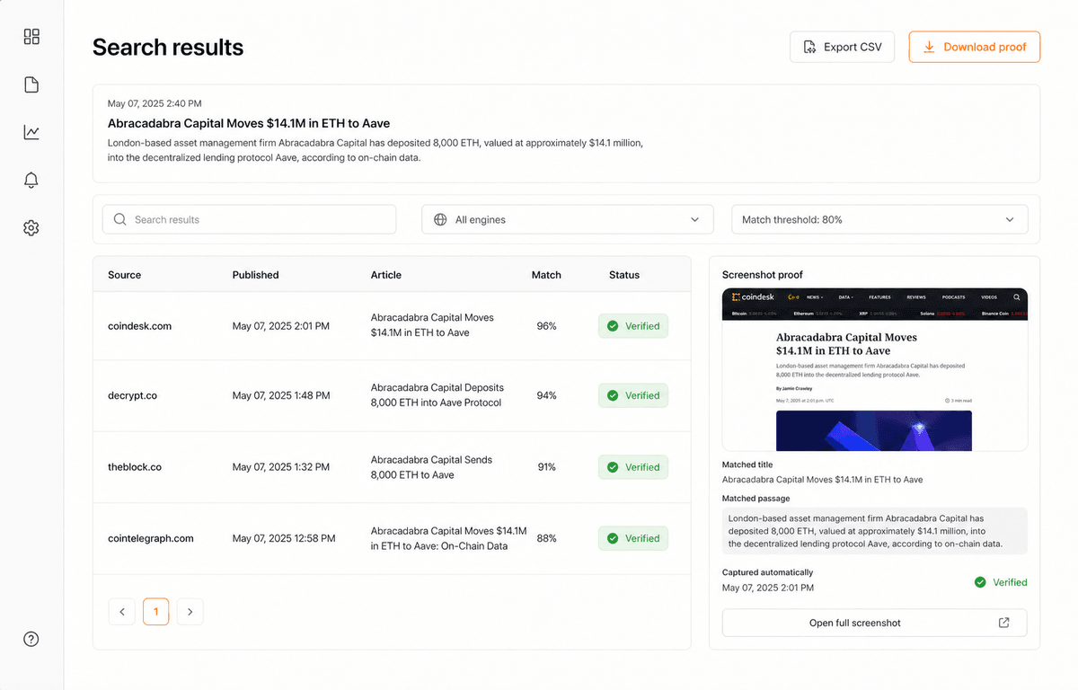 Search results list, each match with screenshot and source engine
