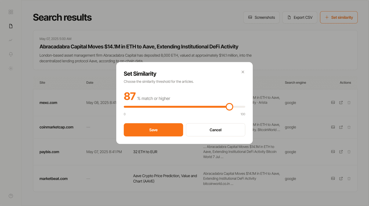 Set-similarity threshold slider over the ranked results